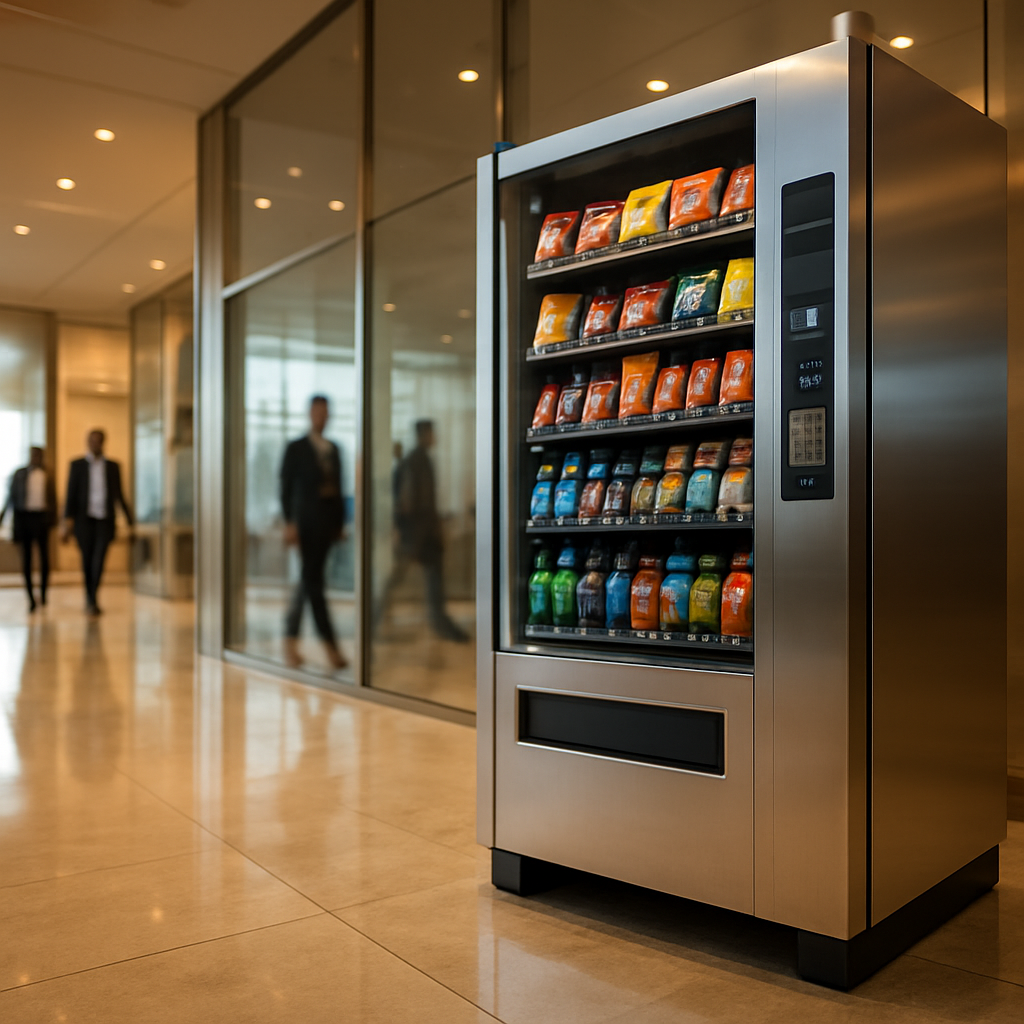 A sleek modern vending machine in a bright corporate office lobby