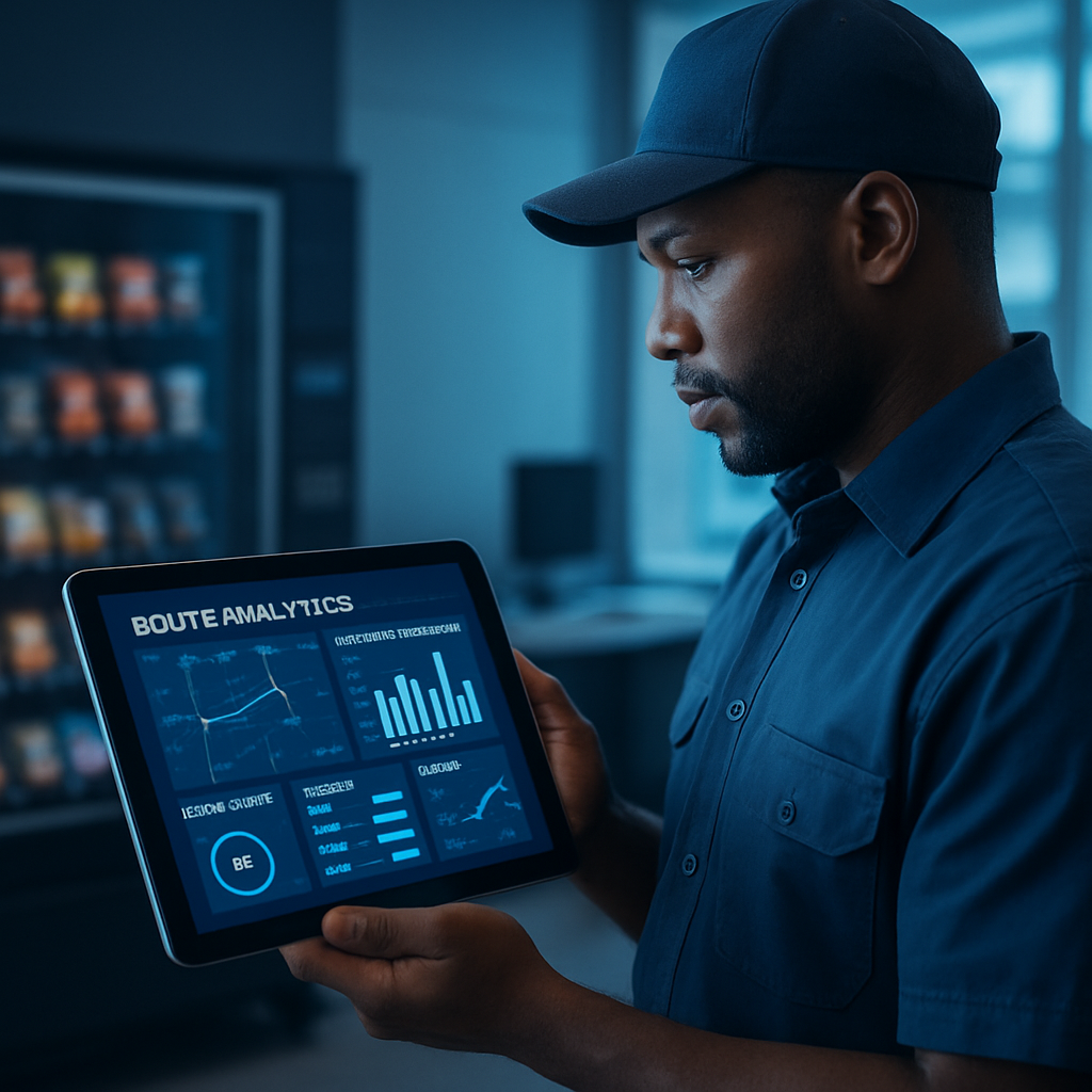 Vending operator reviewing route analytics on a tablet